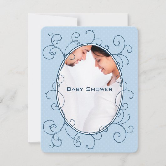 アンティーク水玉模様ブルーフォト男の赤ちゃんシャワー 招待状 (正面)