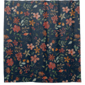 アンティーク水色プリントフローラオンネイビー シャワーカーテン (正面)