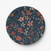 アンティーク水色プリントフローラオンネイビー ペーパープレート (正面)