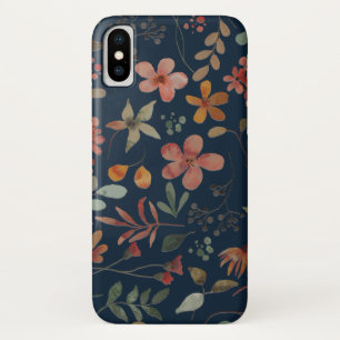 アンティーク水色プリントフローラオンネイビー iPhone X ケース