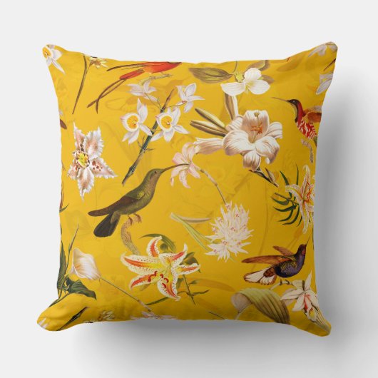 アンティーク熱帯ハミングバードジャングルパターンイエロー クッション (正面)