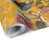 アンティーク熱帯性花と鳥のジャングルで黄色 ラッピングペーパー (ロールコーナー)
