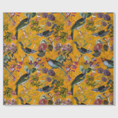 アンティーク熱帯性花と鳥のジャングルで黄色 ラッピングペーパー (フラット)