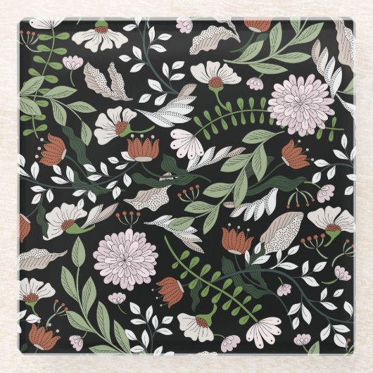 アンティーク版木、銅版、版画フラワーハンド絵を描 ガラスコースター (正面)