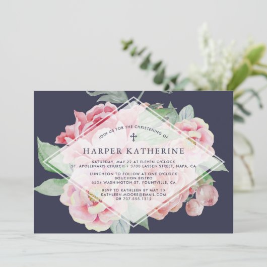 アンティーク牡丹《キリスト教》洗礼式や命名式またはバプテスマ招待状 招待状 (スタンド正面)