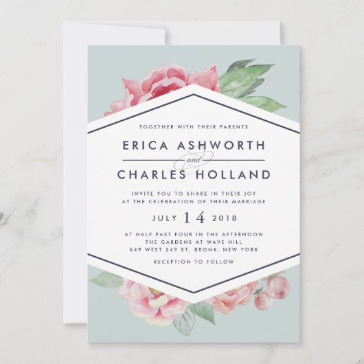 アンティーク牡丹 |赤面とセージ結婚式招待状 招待状 (正面)