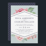 アンティーク牡丹 |赤面とセージ結婚式招待状 招待状<br><div class="desc">エレガントな結婚式の招待状は、ヴィンテージ水の色の花模様とジオメトリの要素のシックなモダンミックスをミュートされたセージ緑の背景に特徴。真夜中の青で縁取られた中央のダイヤモンドの形をした要素の上下から赤面のピンクの水色の牡丹の花のスプレーが覗き結婚て、きれいなレタリングで詳細を保モダンつ。鮮やかなミッドナイトブルーに裏返し、ダイヤモンドのパター点々のあるンを繊細に。</div>