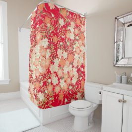 アンティーク白日本の赤フローラ花 シャワーカーテン