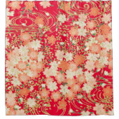 アンティーク白日本の赤フローラ花 シャワーカーテン (正面)