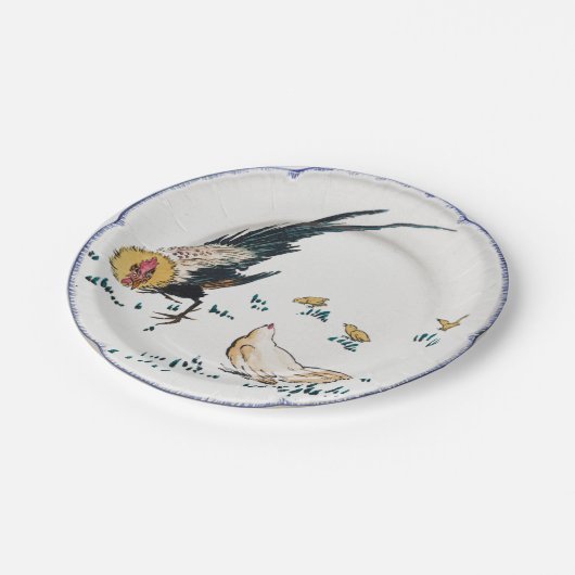 アンティーク磁器の鶏の鶏のファームハウスブルーホワイト ペーパープレート (アングル)