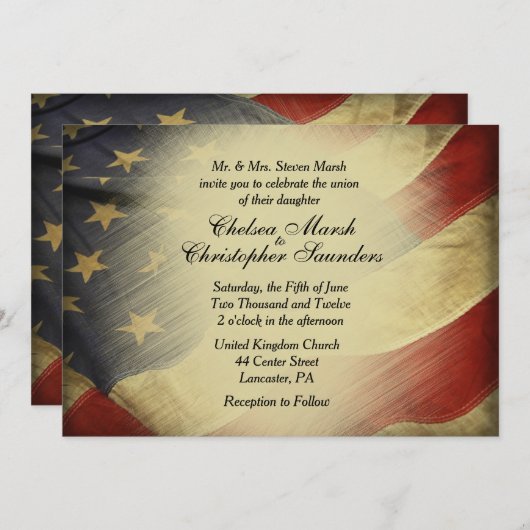 アンティーク米国国旗の結婚式招待状 招待状 (正面/裏面)