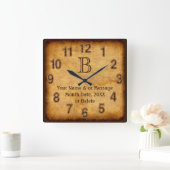 アンティーク紙モノグラムパーソナライズされた、壁時計 スクエア壁時計 (ホーム)