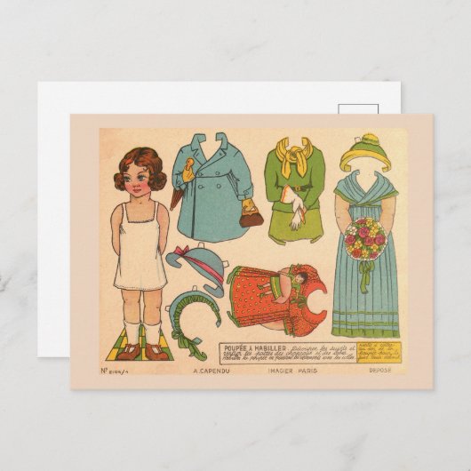 アンティーク紙人形少女ヴィンテージかわいい葉書 ポストカード (正面/裏面)