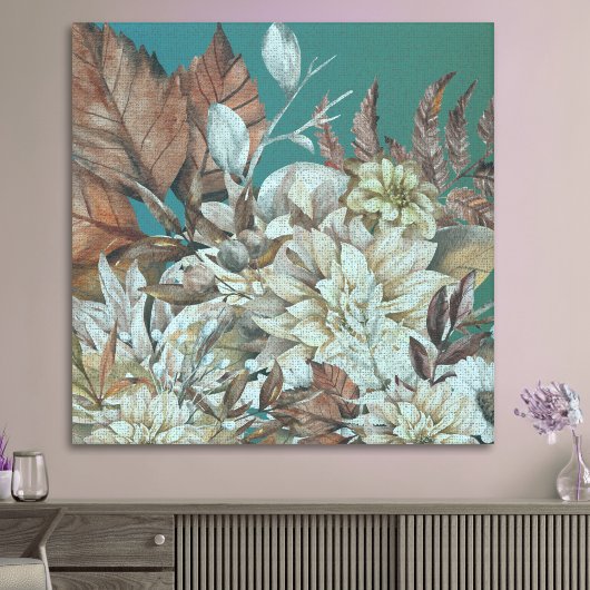 アンティーク素朴の花絵を描はティール（緑がかった色） キャンバスプリント