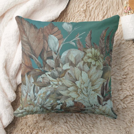 アンティーク素朴の花絵を描はティール（緑がかった色） クッション (ブランケット)