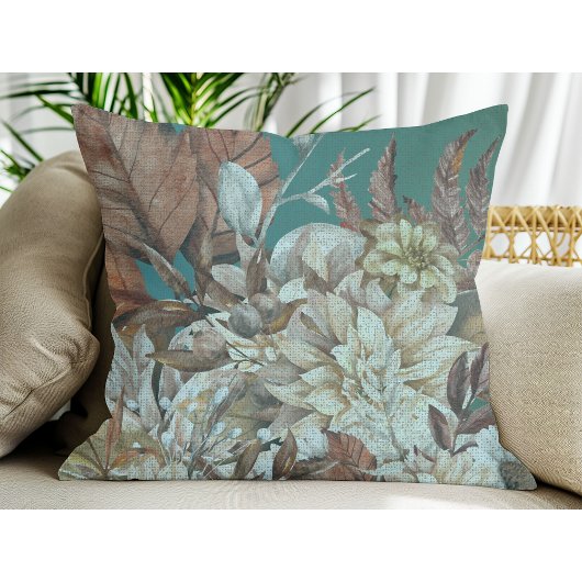 アンティーク素朴の花絵を描はティール(緑がかった色) クッション