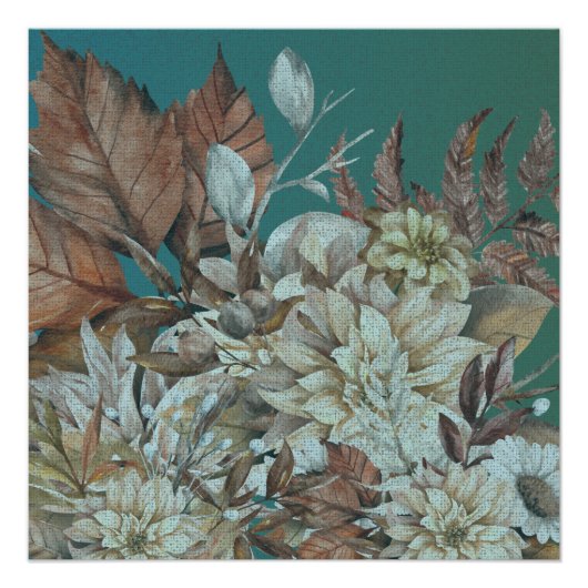アンティーク素朴の花絵を描はティール（緑がかった色） ポスター (正面)