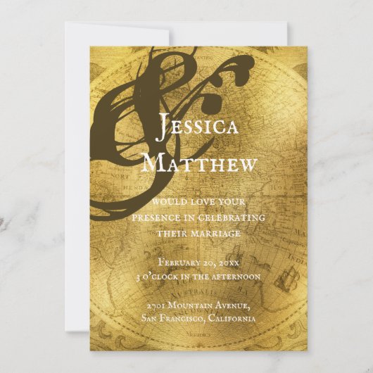 アンティーク素朴金ゴールドマップ結婚式招待状 招待状 (正面)