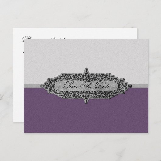 アンティーク紫とシルバー日付を保存 案内ポストカード (正面/裏面)