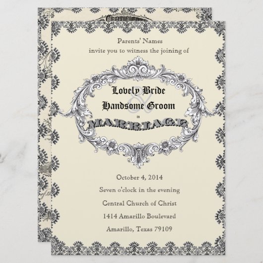 アンティーク結婚許可証写真結婚式招待状 招待状 (正面/裏面)