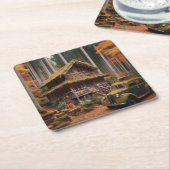 アンティーク自動車で森の中のキャビン スクエアペーパーコースター (アングル)