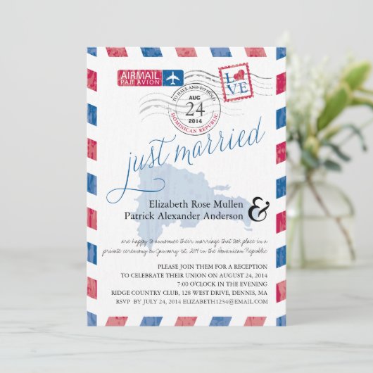 アンティーク航空便たった今結婚しましたポスト披露宴 招待状 (スタンド正面)