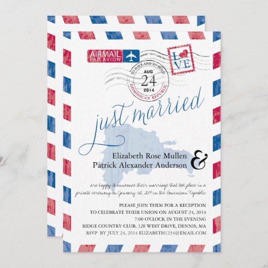 アンティーク航空便たった今結婚しましたポスト披露宴 招待状 (正面/裏面)