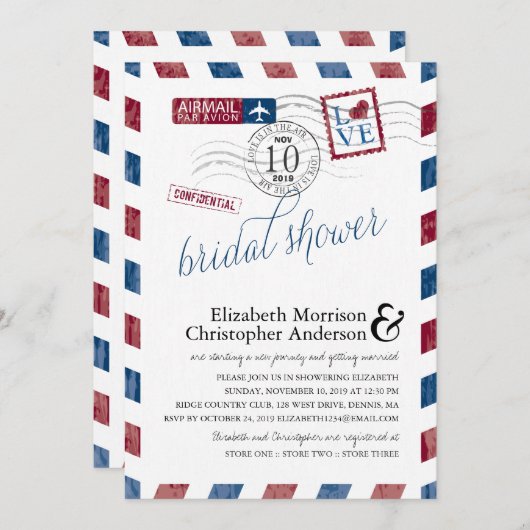 アンティーク航空便ブライダルシャワー 招待状 (正面/裏面)