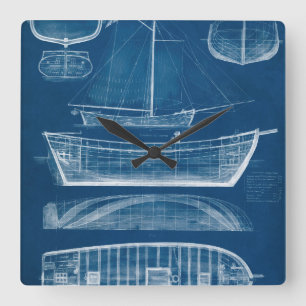 アンティーク船舶ブループリントII スクエア壁時計