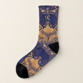 アンティーク船,イルカ,金ゴールド,ネイビーブルーモノグラム ソックス (左外側)