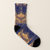 アンティーク船,イルカ,金ゴールド,ネイビーブルーモノグラム ソックス (右外側)