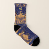 アンティーク船,イルカ,金ゴールド,ネイビーブルーモノグラム ソックス (左内側)