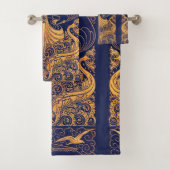 アンティーク船，イルカ，金ゴールド，ネイビーブルーモノグラム バスタオルセット (インサイチュ)