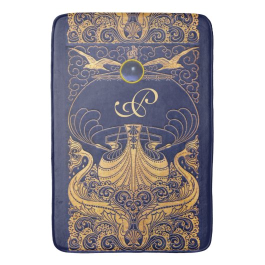 アンティーク船,イルカ,金ゴールド,ネイビーブルーモノグラム バスマット (正面縦)