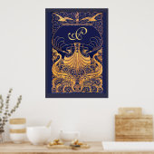 アンティーク船，イルカ，金ゴールド，ネイビーブルーモノグラム ポスター (キッチン)