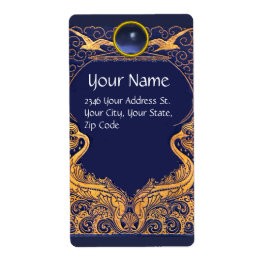 アンティーク船，イルカ，金ゴールド，ネイビーブルーモノグラム ラベル