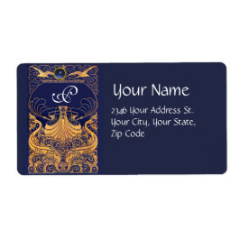 アンティーク船，イルカ，金ゴールド，ネイビーブルーモノグラム ラベル