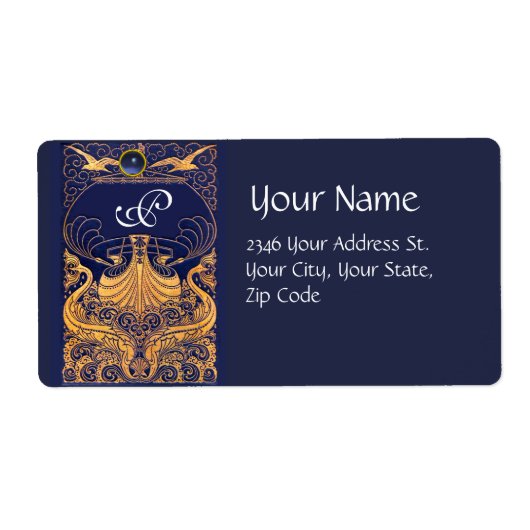 アンティーク船，イルカ，金ゴールド，ネイビーブルーモノグラム ラベル (正面)