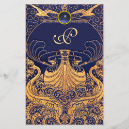 アンティーク船，イルカ，金ゴールド，ネイビーブルーモノグラム 便箋