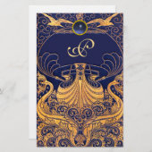 アンティーク船，イルカ，金ゴールド，ネイビーブルーモノグラム 便箋 (正面/裏面)