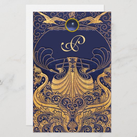 アンティーク船,イルカ,金ゴールド,ネイビーブルーモノグラム 便箋 (正面/裏面)