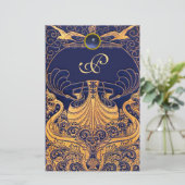 アンティーク船，イルカ，金ゴールド，ネイビーブルーモノグラム 便箋 (スタンド正面)