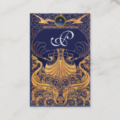 アンティーク船，イルカ，金ゴールド，ネイビーブルーモノグラム 名刺 (裏面)