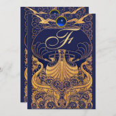 アンティーク船,イルカ,金ゴールド,ネイビーブルーモノグラム 招待状 (正面/裏面)