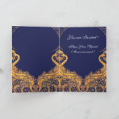 アンティーク船，イルカ，金ゴールド，ネイビーブルーモノグラム 招待状 (内部)