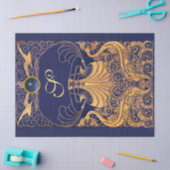 アンティーク船，イルカ，金ゴールド，ネイビーブルーモノグラム 薄葉紙 (クラフト)