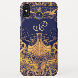 アンティーク船,イルカ,金ゴールド,ネイビーブルーモノグラム iPhone XS MAXケース