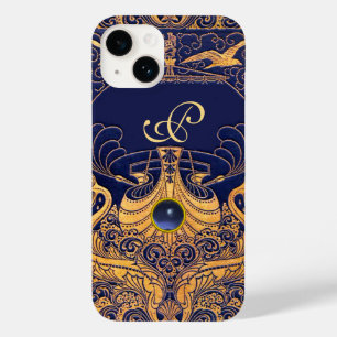アンティーク船,イルカ,金ゴールド,ネイビーブルーモノグラム Case-Mate iPhone 14ケース