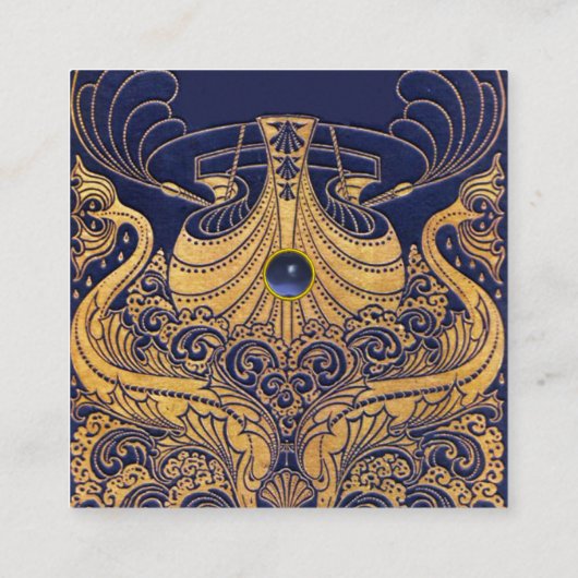 アンティーク船，イルカ，金ゴールド，ネイビーブルー航海の スクエア名刺 (裏面)