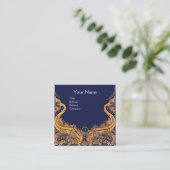 アンティーク船，イルカ，金ゴールド，ネイビーブルー航海の スクエア名刺 (スタンド正面)